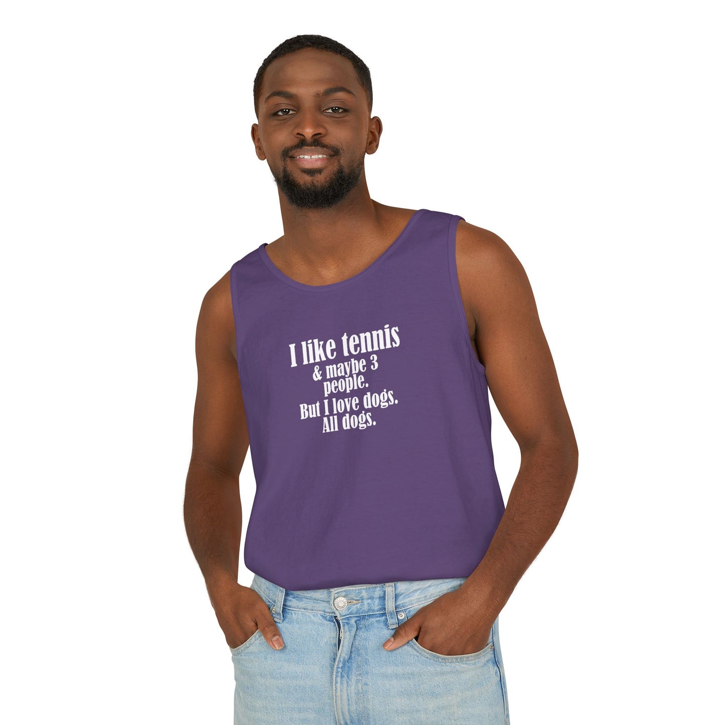 "I like tennis & maybe 3 people. But I love dogs. All Dogs" Dog-Loving Tennis Unisex Tank Top, Casual Summer Wear, Gift for Dog Owners, Funny Summer Tank, Pet Lover Apparel