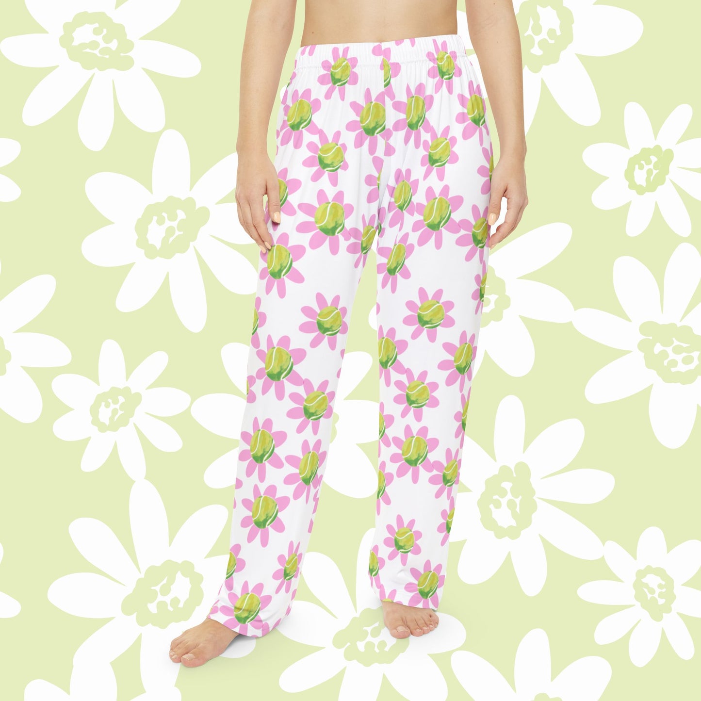 Floral Daisy Tennis Ball  Women's Lounge Pajama Pants — Pink & Green All-Over Print
