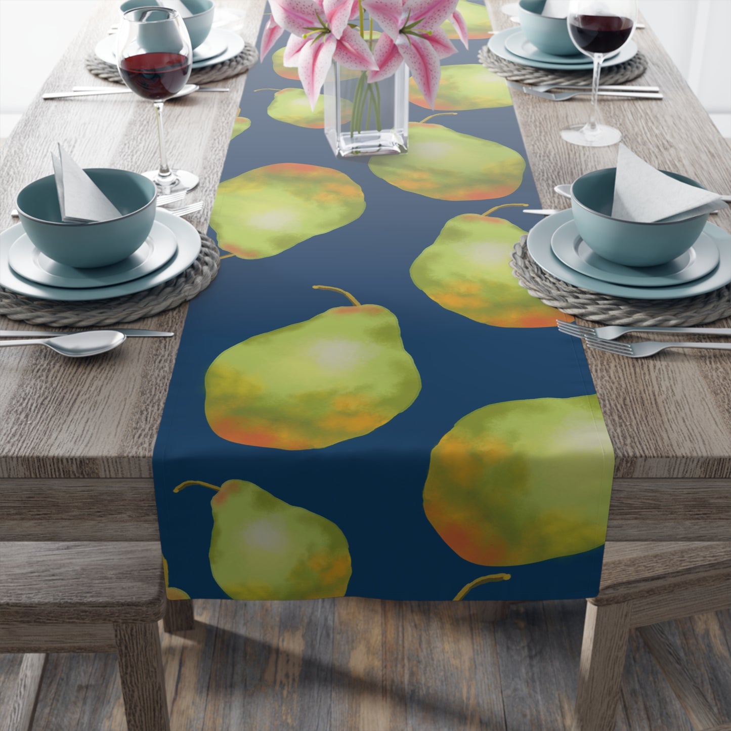 Charming Pear Pattern Table Runner in dark blue and lively pear green.