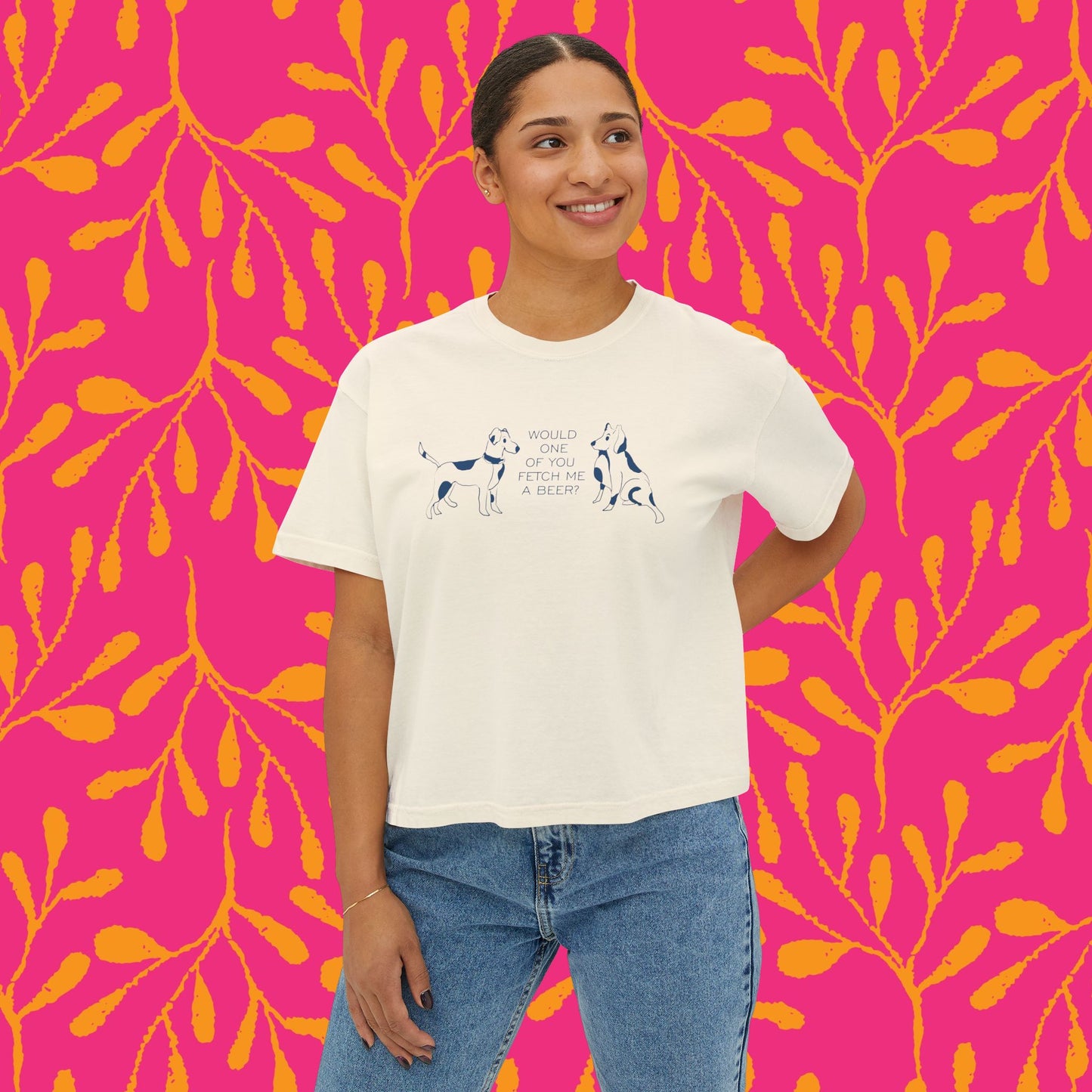 FETCH ME A BEER!  Playful Dog Lover's Boxy Tee, Cute Dog Graphic T-Shirt, Women's Casual Shirt, Gift for Pet Owners, Animal Lover's Apparel