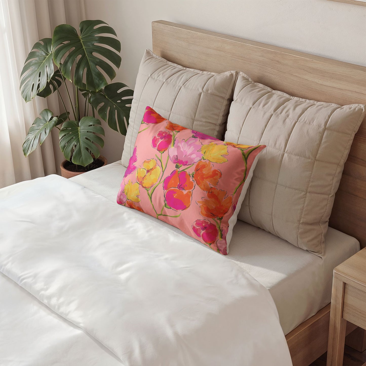 Floral Watercolor Pillow Case — Pink Tulip Garden Accent