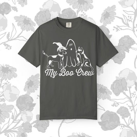 My Boo Crew Halloween T-Shirt, Cute Dog Ghost Tee, Halloween Unisex Garment-Dyed Shirt, Pet Lovers Gift, Autumn Apparel, Fun Halloween Outfit