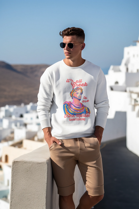 Fresh Market Greek-Inspired Fleece Sweatshirt, Cozy Gift for Travelers, Santorini Crewneck, Unique Graphic Apparel, Perfect for Holidays, Casual Wear