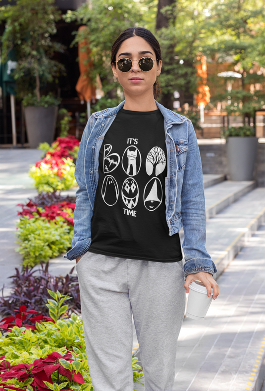 "IT'S BOO TIME" Halloween Themed T-shirt, Spooky Graphic Tee, Unisex T-shirt for Fall, Vintage Style Halloween Shirt, Perfect for Halloween Party