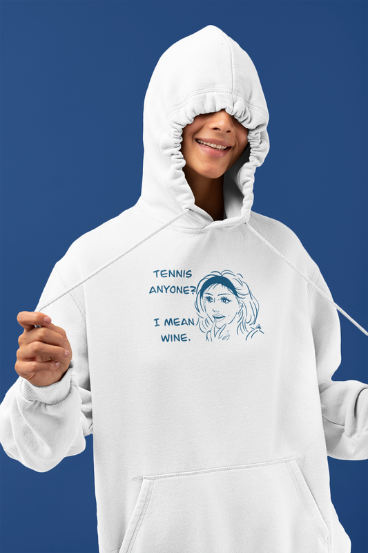 TENNIS ANYONE?  I MEAN WINE Unisex Tennis & Wine Hoodie - Playful Gift for Wine Lovers, Sports Enthusiasts, Casual Wear, Comfortable Attire, Funny Sweatshirt