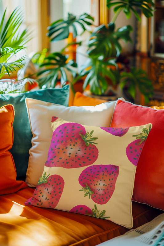 Strawberry Print Pillowcase, Cute Home Decor, Gift for Strawberry Lovers, Summer Decoration, Bright Accent Pillow