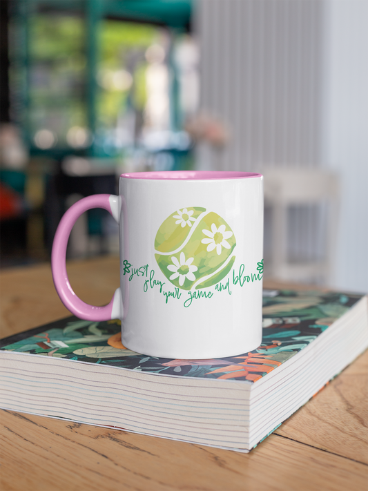 Tennis-Inspired Coffee Mug, Play Your Game and Bloom, Sports Gift, Tennis Lover's Mug, Floral Design Coffee Cup