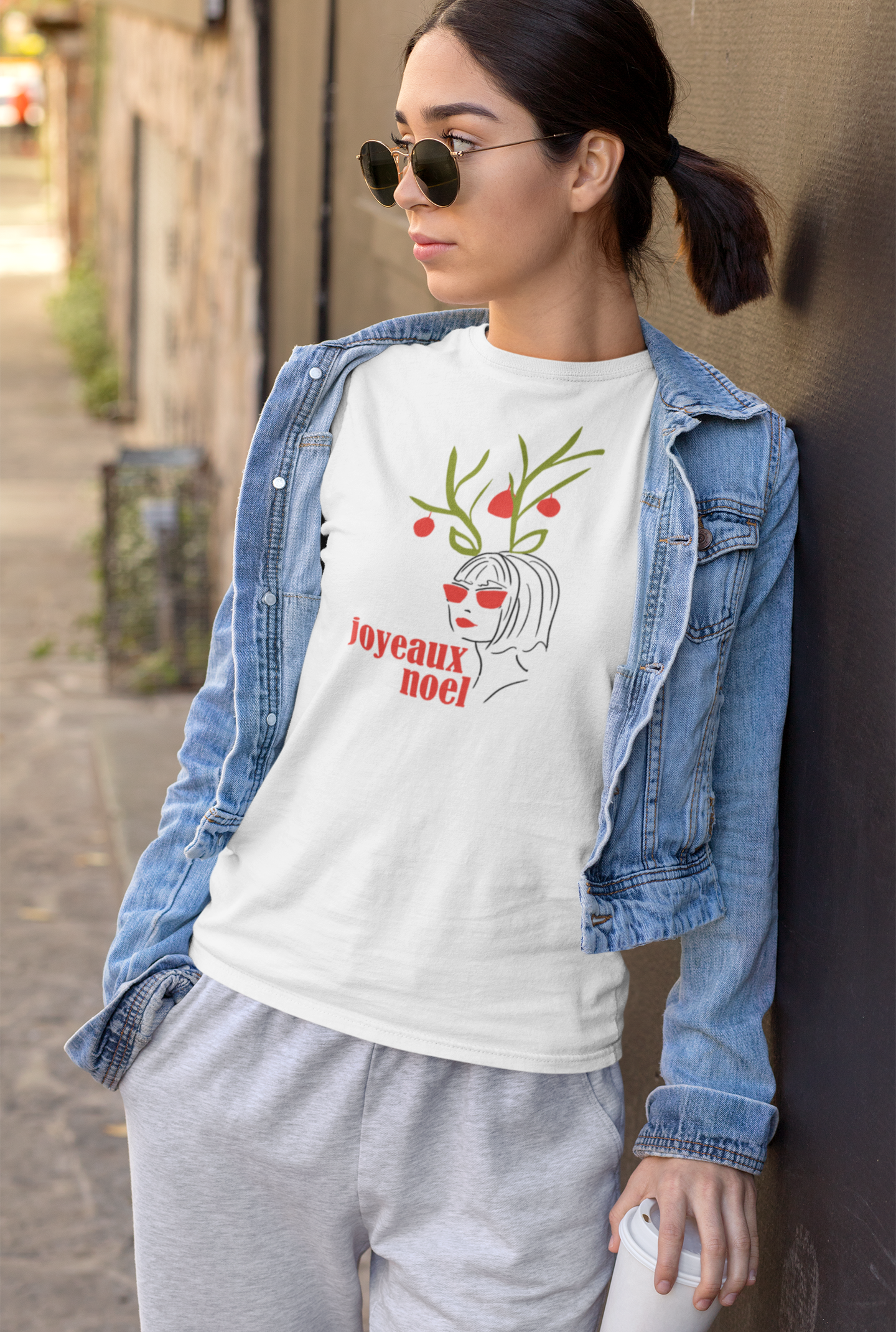 Festive Long Sleeve Tee - Joyeux Noel Reindeer Design