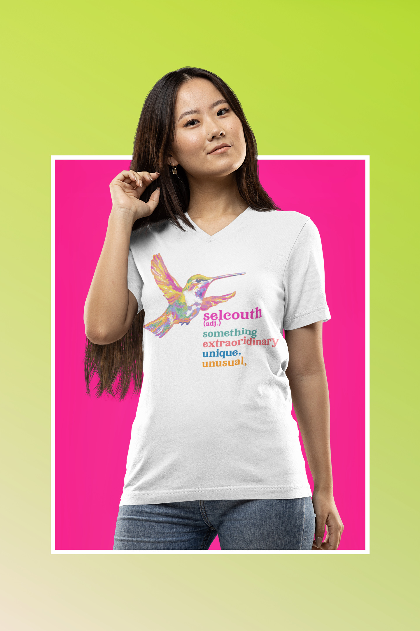 "SELCOUTH" Extraordinary...Unique...Unusual!   Colorful Hummingbird V-Neck Tee