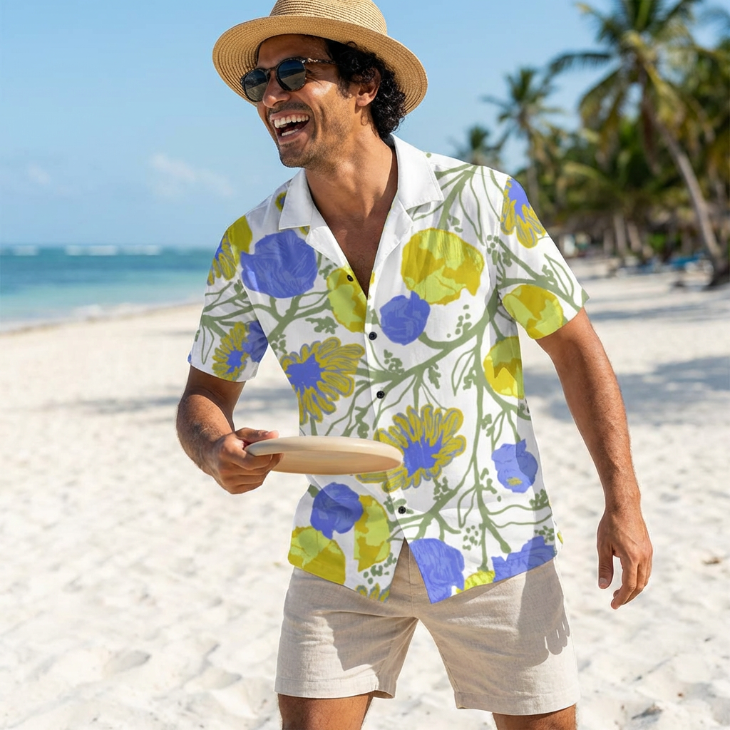 Floral Hawaiian Camp Shirt — Blue & Yellow Blossom AOP