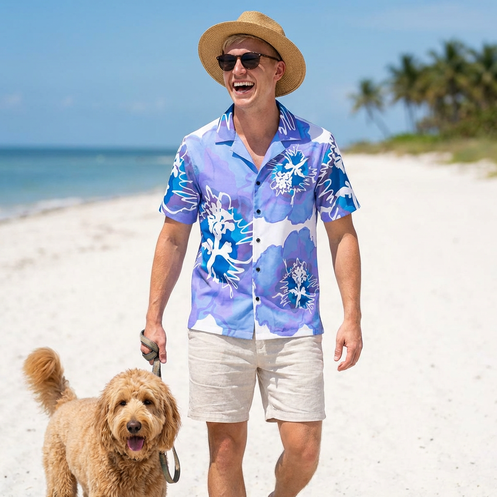 Azalea Periwinkle Blue Hawaiian Shirt — Tropical Beach Vacation Camp Shirt