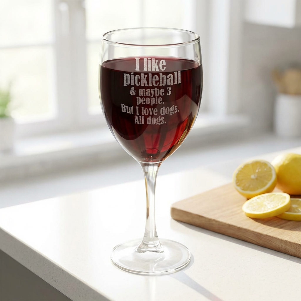 Engraved Wine Glass, Funny Pickleball Lover Gift, Dog and Pickleball and Wine Lover Wine Goblet, Fun Gift for Her
