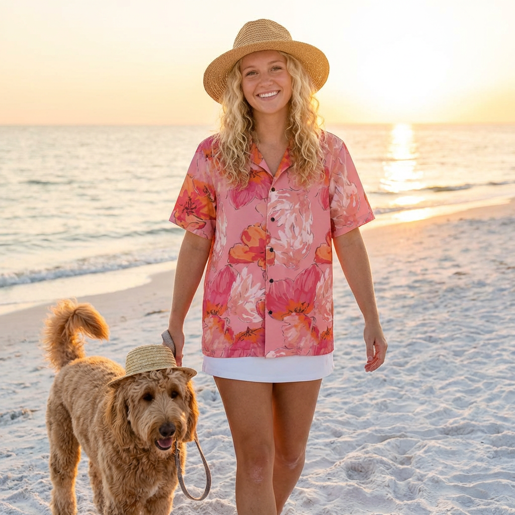 Pink Floral Hawaiian Camp Shirt — Women or Men's Tropical Vacation Button-Up
