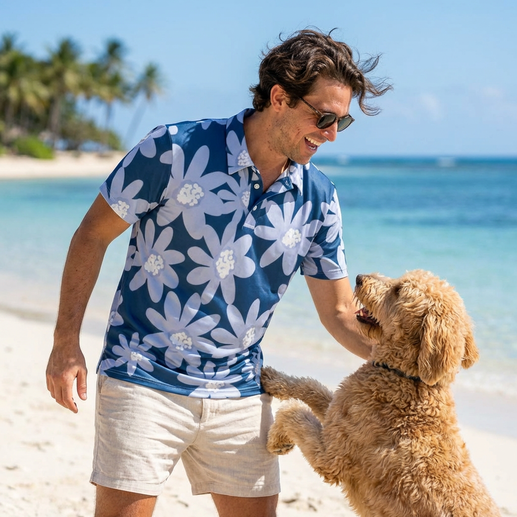 Large Blue Daisy Floral Unisex Polo Shirt - Summer Vibes, Casual Wear, Gifts for Him/Her, Beachwear, Spring Fashion