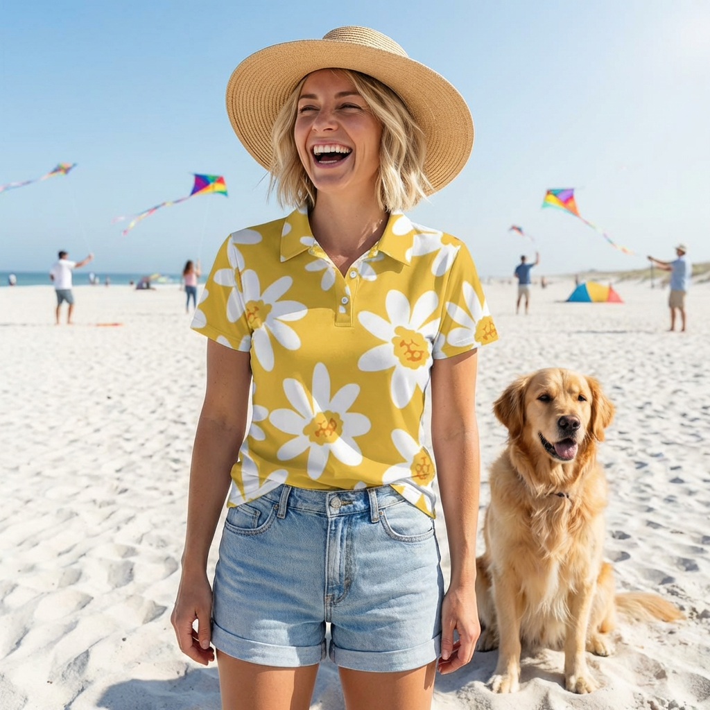 Sunny Daisy Yellow Floral Unisex Polo Shirt, Summer Outfits, Casual Wear, Gift for Him/Her, Bright Spirit, Outdoor Events