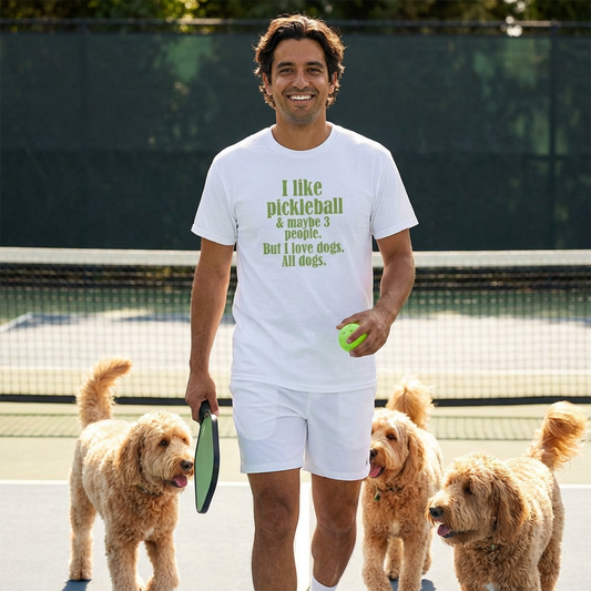 "I like pickleball and maybe three people, but I love all dogs." Pickleball Dog Lover T-Shirt, Unisex Shirt, Garment-Dyed Tee, Funny Pickleball Gift, Perfect for Pet Owners