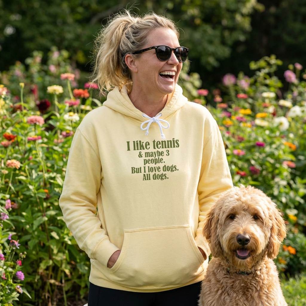 Funny Tennis Hoodie — "I like tennis and maybe three people, but I love all dogs"