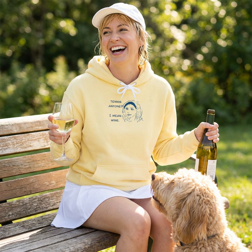 TENNIS ANYONE?  I MEAN WINE Unisex Tennis & Wine Hoodie - Playful Gift for Wine Lovers, Sports Enthusiasts, Casual Wear, Comfortable Attire, Funny Sweatshirt