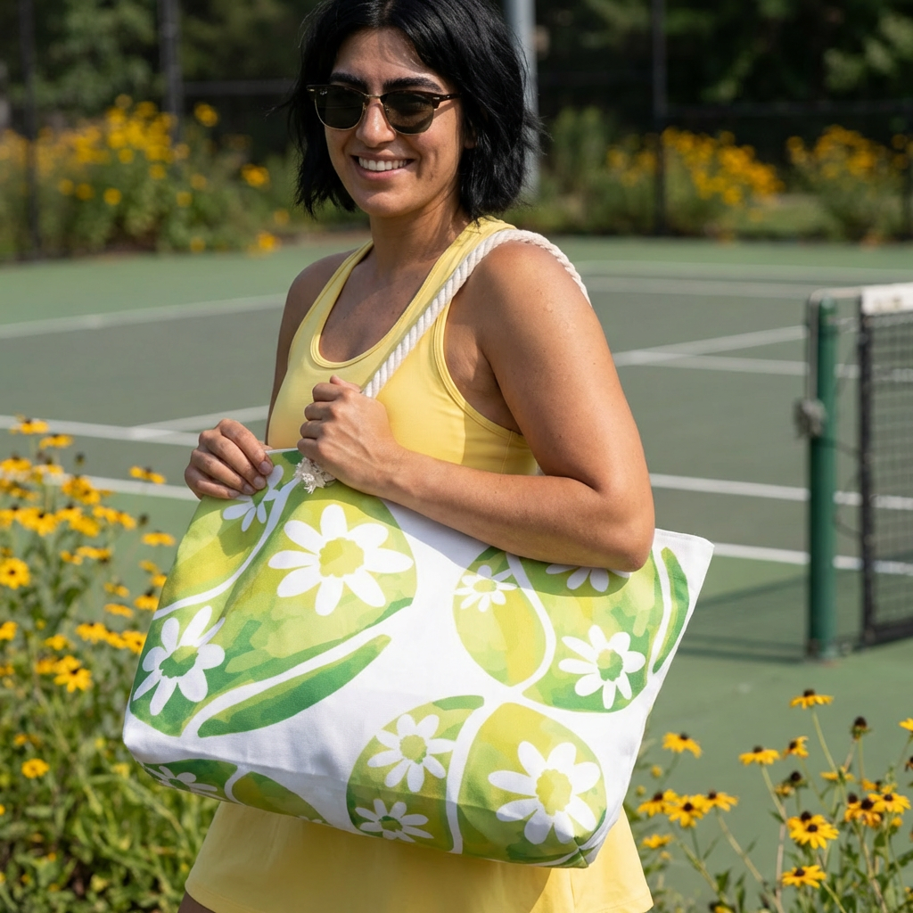 Floral Tennis Weekender Bag - Green Leaf and Daisy Travel Tote, Overnight Bag, Weekend Getaway, Beach Bag, Eco-Friendly Style
