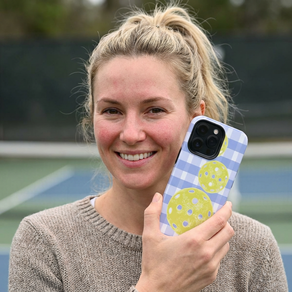 Pickleball Pattern Phone Case — Yellow Pickleball on Blue Gingham Impact Case