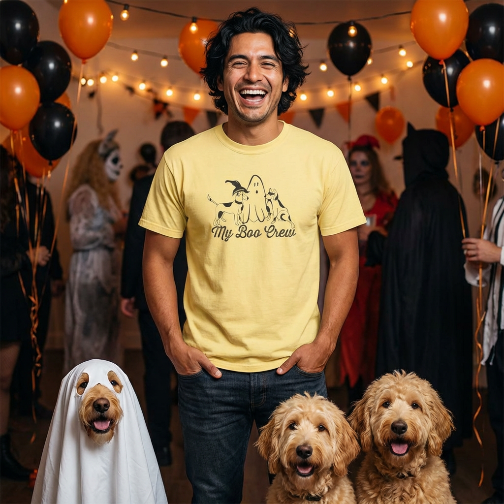 My Boo Crew Halloween T-Shirt, Cute Dog Ghost Tee, Unisex Garment-Dyed Shirt, Pet Lovers Gift, Autumn Apparel, Fun Halloween Outfit