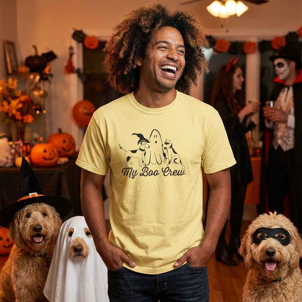 My Boo Crew Halloween T-Shirt, Cute Dog Ghost Tee, Unisex Garment-Dyed Shirt, Pet Lovers Gift, Autumn Apparel, Fun Halloween Outfit