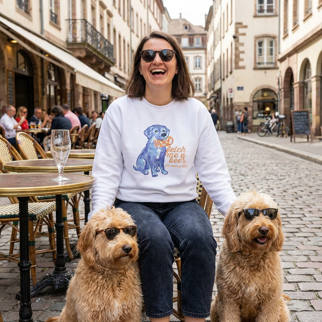 Crewneck Sweatshirt — Blue Watercolor Retriever with 'Fetch Me a Beer' "S'il Vous Plait" Text