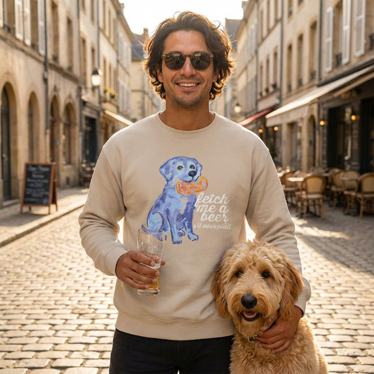 Crewneck Sweatshirt — Blue Watercolor Retriever with 'Fetch Me a Beer' "S'il Vous Plait" Text