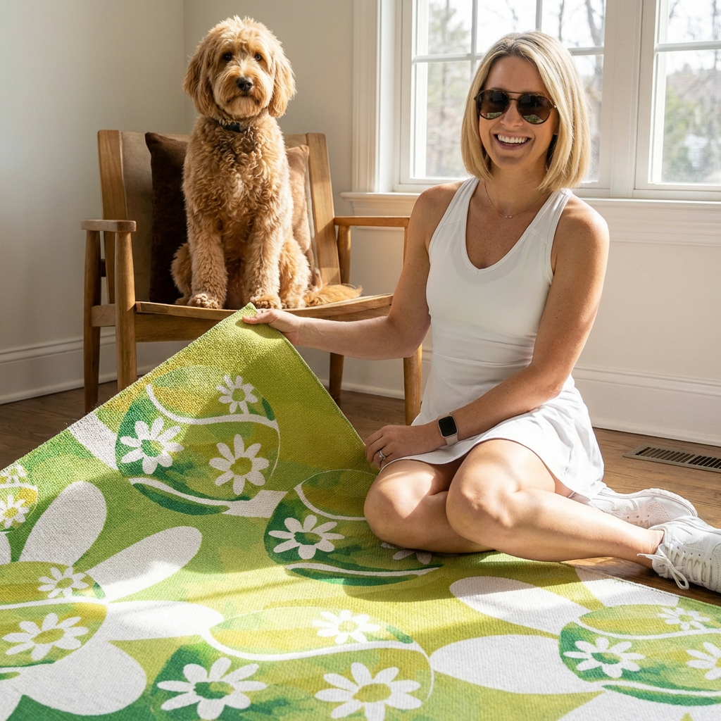 Tennis Daisy Flower Pattern Outdoor Rug - Brighten Your Patio, Garden, or Entryway, Bohemian Decor, Easter Gift, Spring Vibes, Cozy Outdoor Living