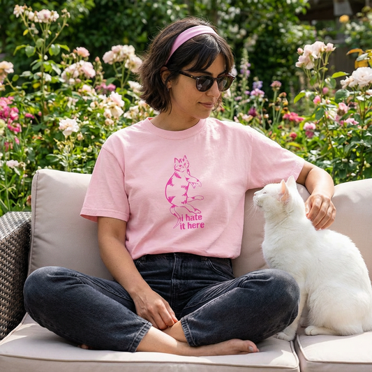 "I hate it here"...Funny Cat T-Shirt Showcasing Cat with Attitude, Unisex Tee, Garment-Dyed Shirt, Quirky Cat Lover Gift, Casual Wear, Perfect for Cat Owners