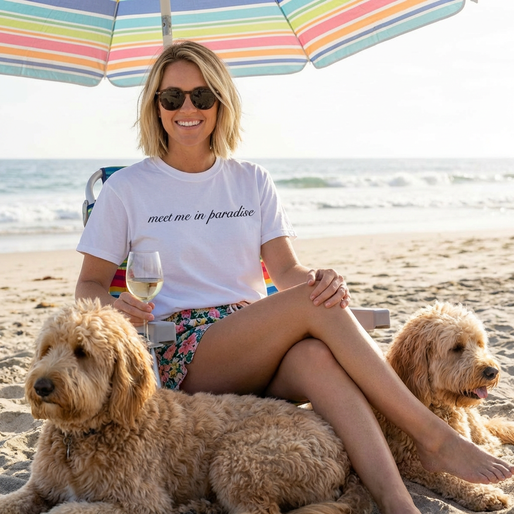 Meet Me In Paradise T-Shirt — Minimal Script Beach Vibe Tee