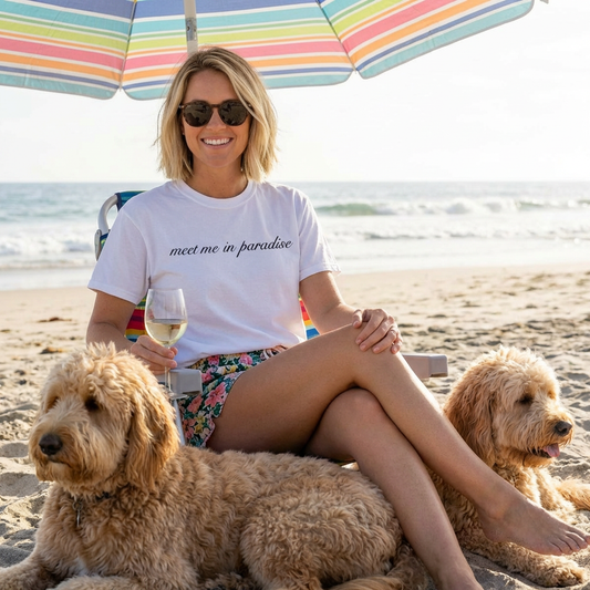Meet Me In Paradise T-Shirt — Minimal Script Beach Vibe Tee