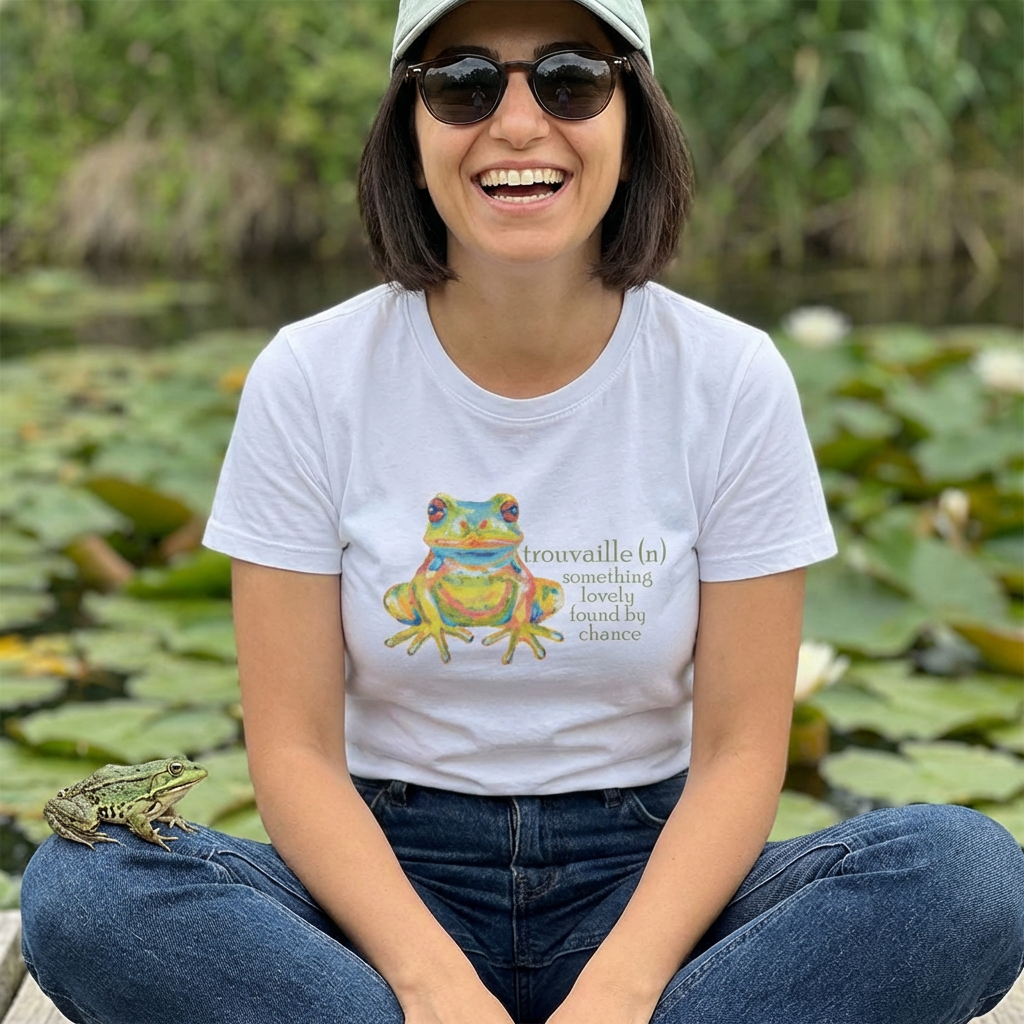 "Trouvaille" Something Lovely Found by Chance French Frog Tee — Women's Cotton T‑Shirt with Colorful Frog Art