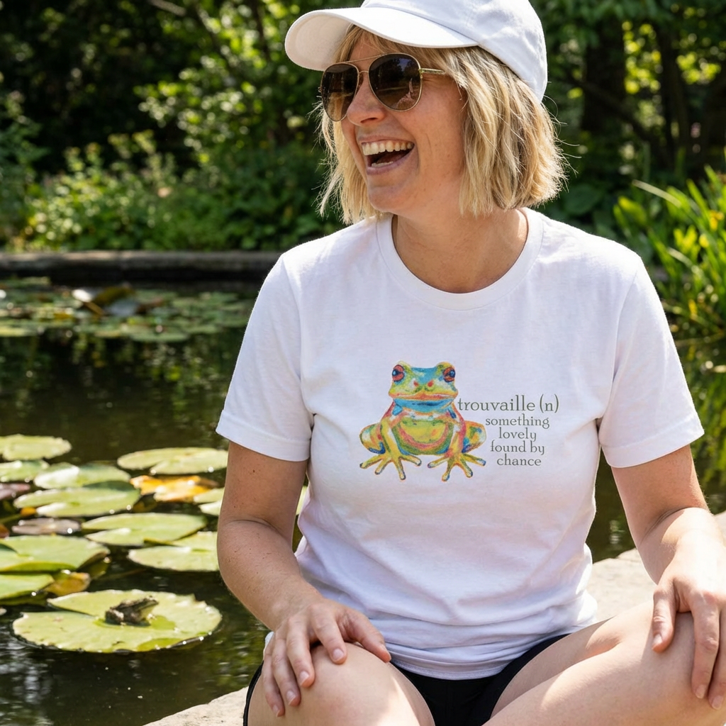 "Trouvaille" Something Lovely Found by Chance French Frog Tee — Women's Cotton T‑Shirt with Colorful Frog Art