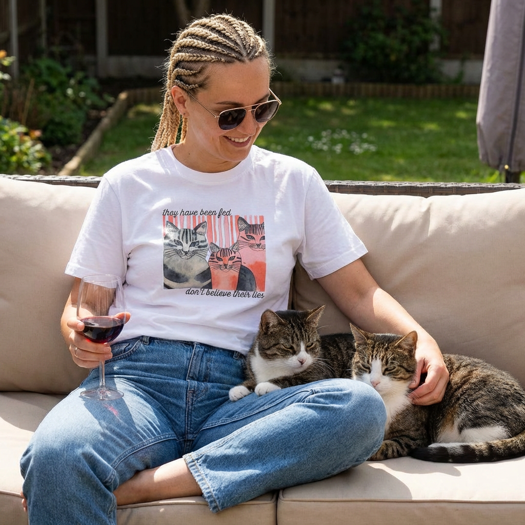 Cat Trio Graphic T-Shirt — "Don't believe their lies, they have been fed." Retro Kitten Tee