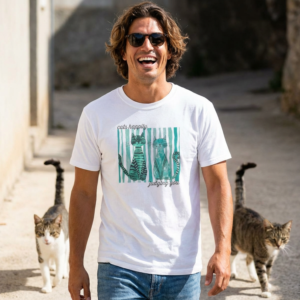 Cat Friends Graphic T-Shirt — "Cats Happily Judging You", Cute Teal Stripe Tee, Unisex