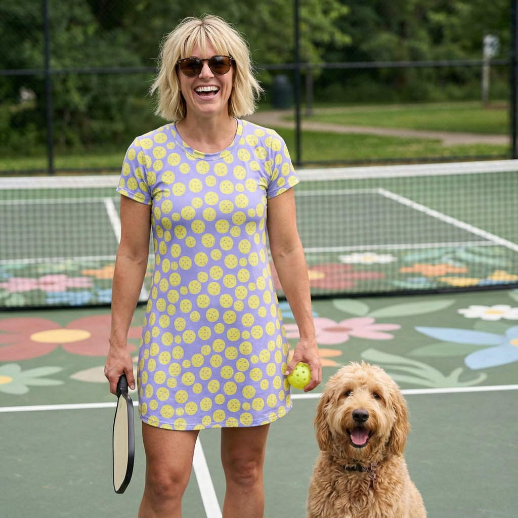 Pickleball Dot T-Shirt Dress — All-Over Print Summer Shift Dress