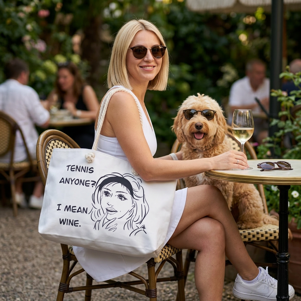 Weekender Bag - "Tennis Anyone? I Mean Wine." Funny Retro Comic Tote for Wine Lovers & Tennis Fans