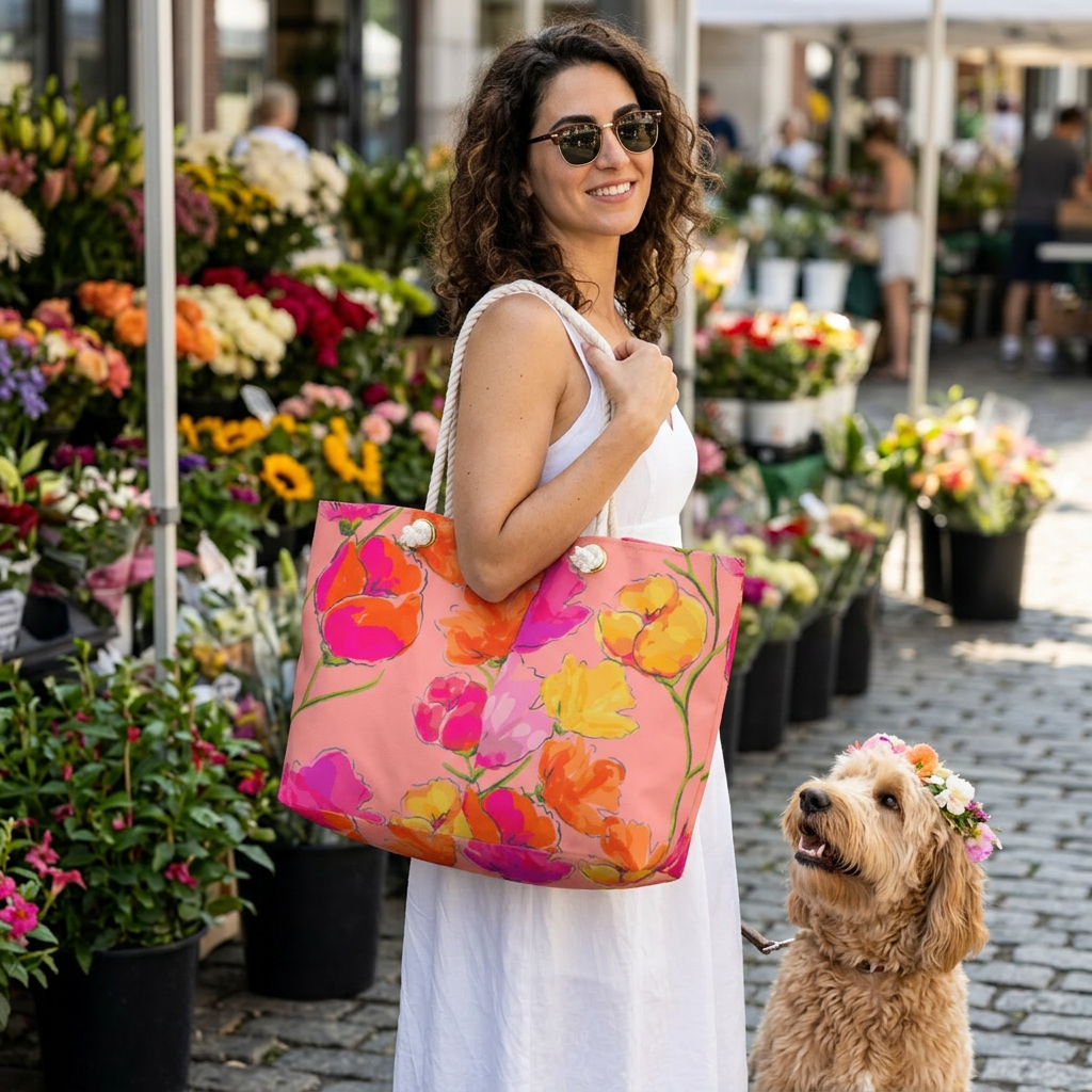 Floral Pink Weekender Bag — Bright Watercolor Flowers Travel Tote