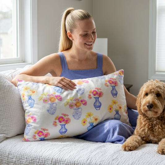 Watercolor Floral Vase Cotton Pillow Sham — Pastel Bouquet Decorative Pillowcase