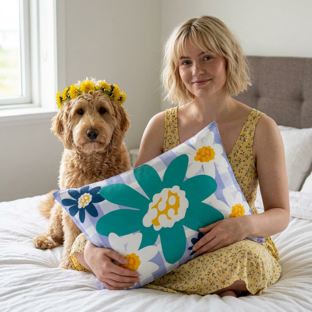 Floral Gingham Cotton Pillow Sham — Blue & Teal Spring Decorative Pillowcase