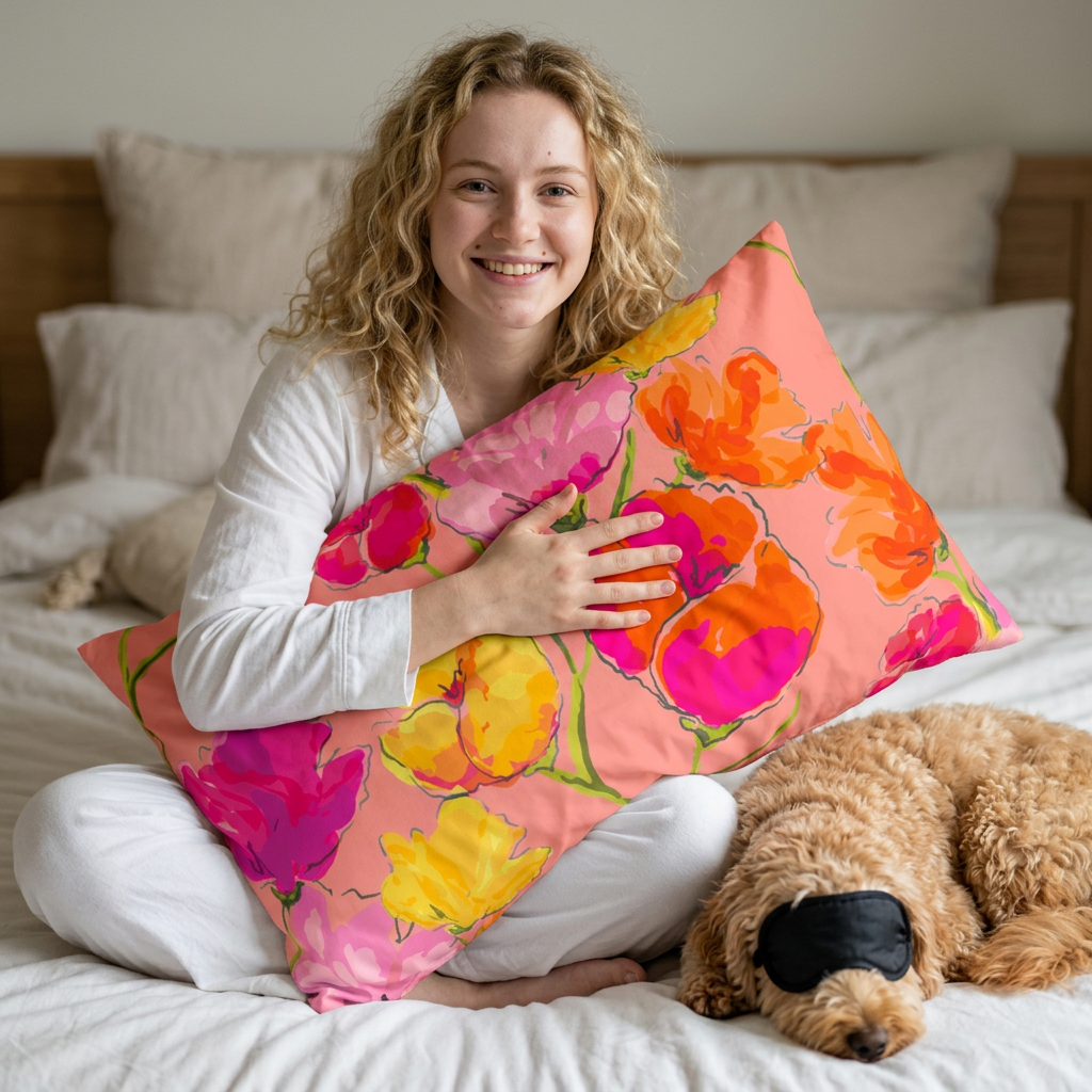 Floral Watercolor Pillow Case — Pink Tulip Garden Accent