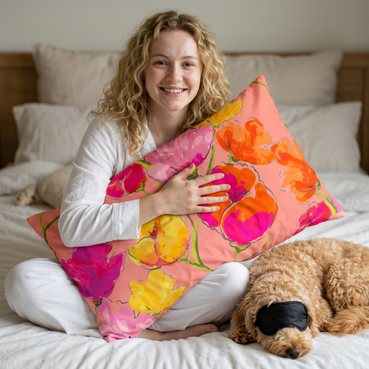 Floral Watercolor Pillow Case — Pink Tulip Garden Accent