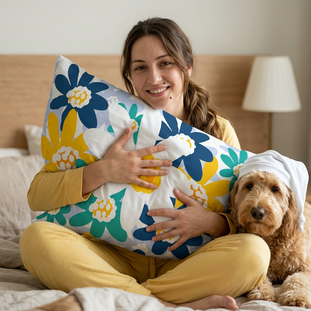 Floral Daffodil Cotton Pillow Case — Yellow & Navy Garden Pillowcase