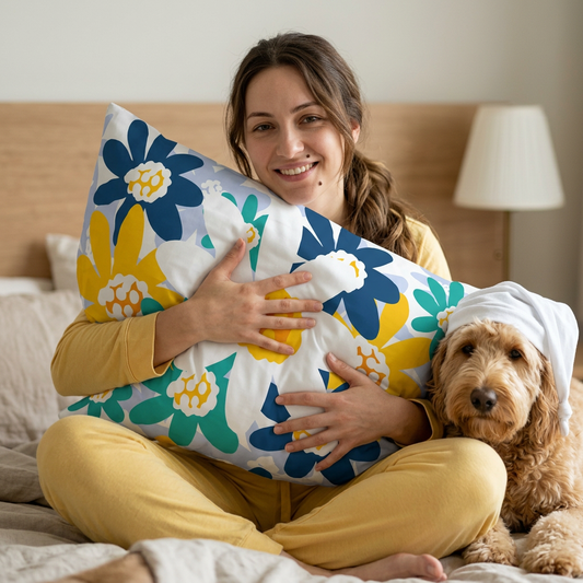 Floral Daffodil Cotton Pillow Case — Yellow & Navy Garden Pillowcase