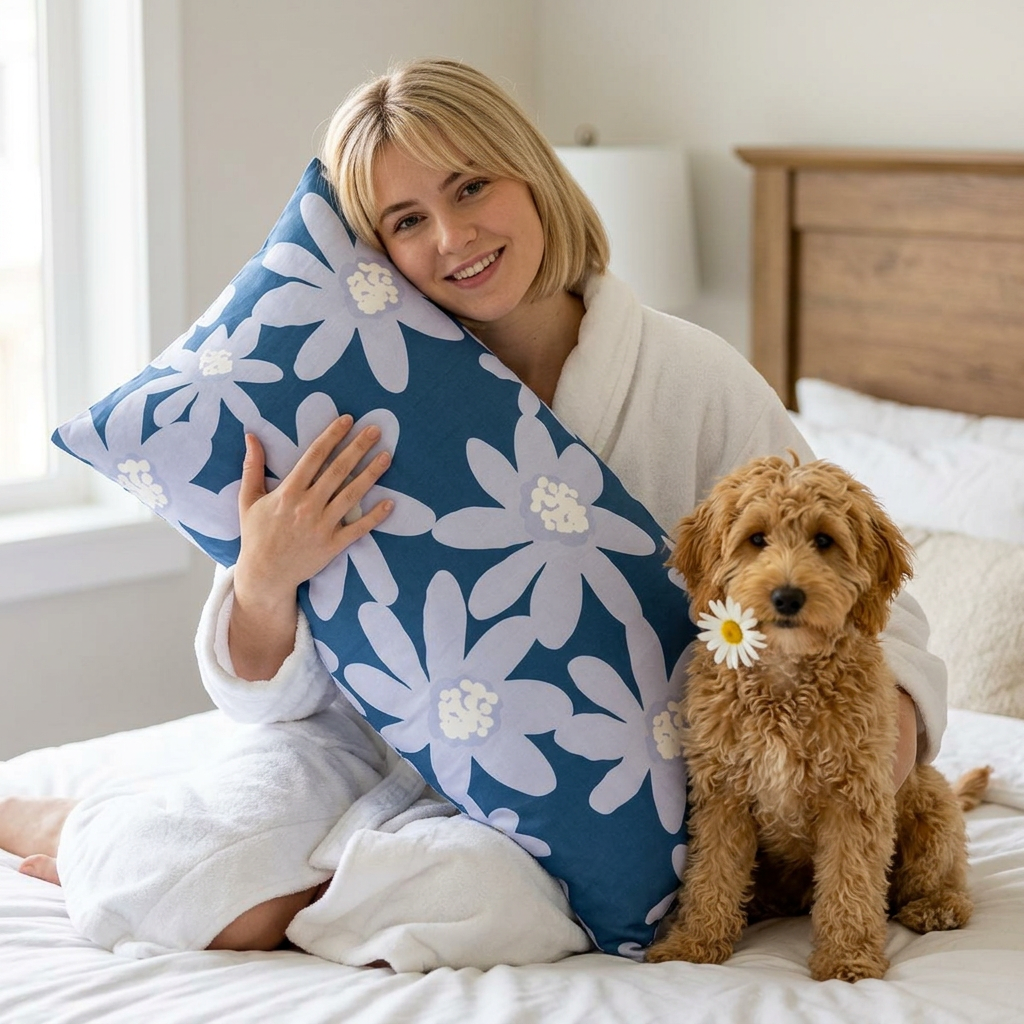 Floral Navy Cotton Pillow Sham — Blue White Daisy Decorative Pillowcase