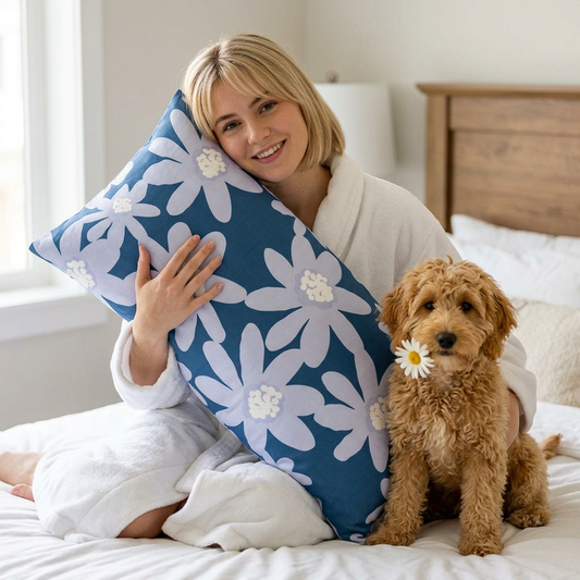 Floral Navy Cotton Pillow Sham — Blue White Daisy Decorative Pillowcase