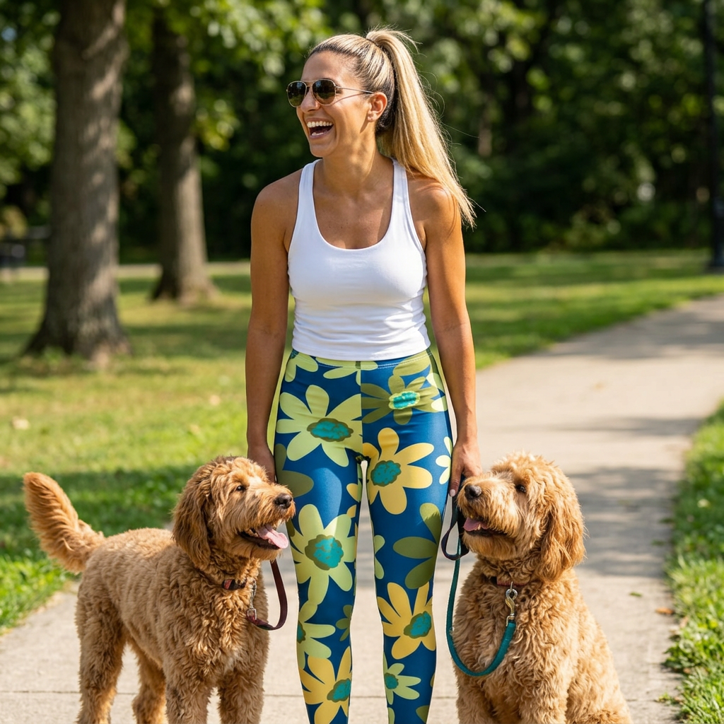 Floral Retro Daisy Leggings — Green & Teal All-Over Print
