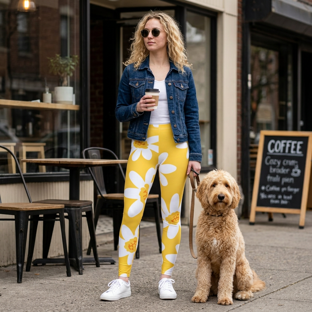 Daisy Print Leggings — Yellow Floral All-Over Print Women's Leggings
