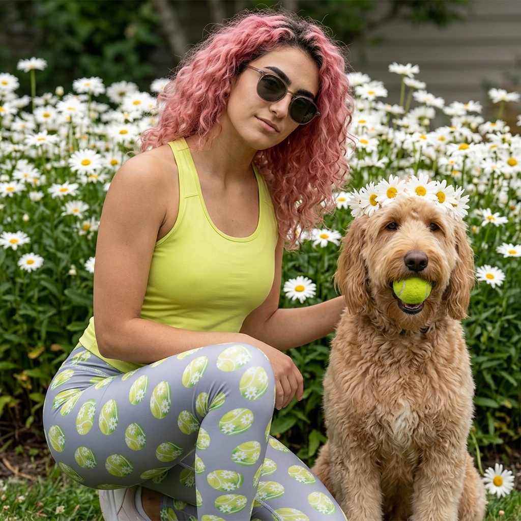 Green Daisy Tennis Ball Pattern Leggings — Casual Women's All-Over Print